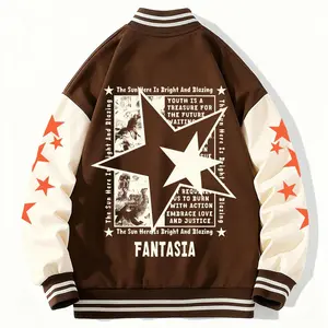 Men's Baseball Jacket 100% Polyester Durable Optional Black Orange Coffee Stars Graphic Slogan Varsity Coat Y2K Vintage Retro Classic Old School Casual Sports SWAG Streetwear Light Fleece Lined Winter Jacket Trendy Gift Menswear Long Sleeve - Tops