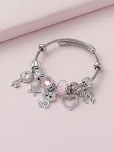 Fashionable Rhinestone Decorated Bracelet, Heart Charm Bow & Cat & Star & Key & Bow Design Bracelet for Women & Girls, Style Bracelet for Party, Daily Clothing Decor, Trendy All-match & Exquisite Jewelry for Birthday Gift, Heart Shaped Bracelet