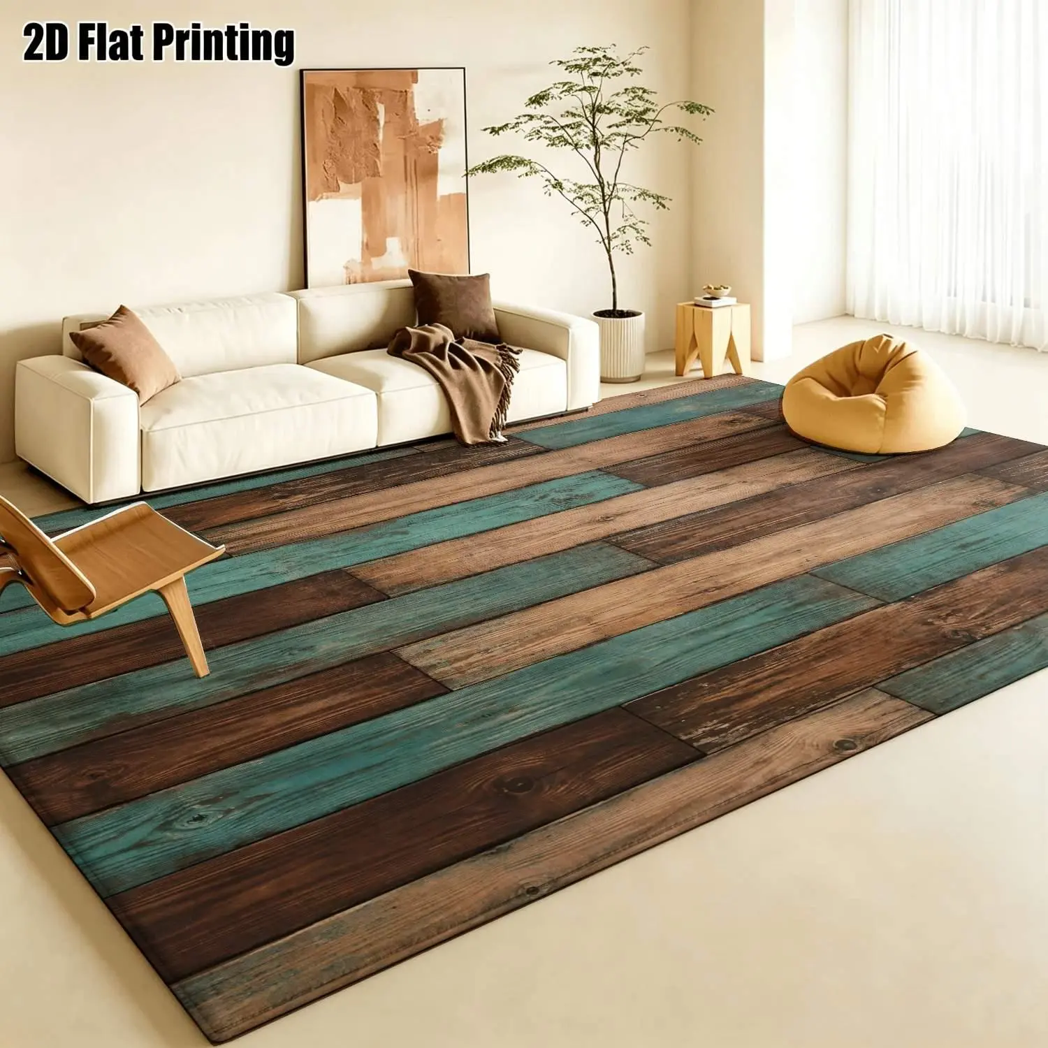 Large indoor area rug, soft velvet low-pile rug with non-slip dotted backing, machine washable, rustic teal brown faux wood plank design, ideal for living room, bedroom, entryway, farmhouse home decor