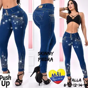 Original Colombian Jeans Skinny Piedra Push Up with Rhinestones and Button Closure for Women