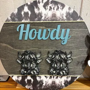 14 inch Round Layered Western Welcome Sign with Howdy Text and Cow Pattern