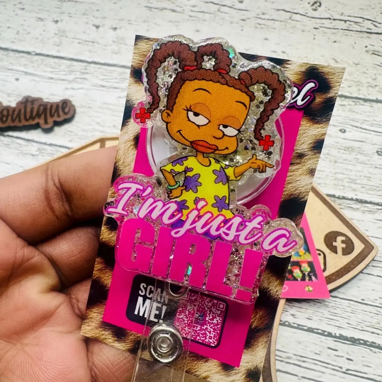 Glitter Acrylic Badge Reel: "Just a Girl" Healthcare ID Holder