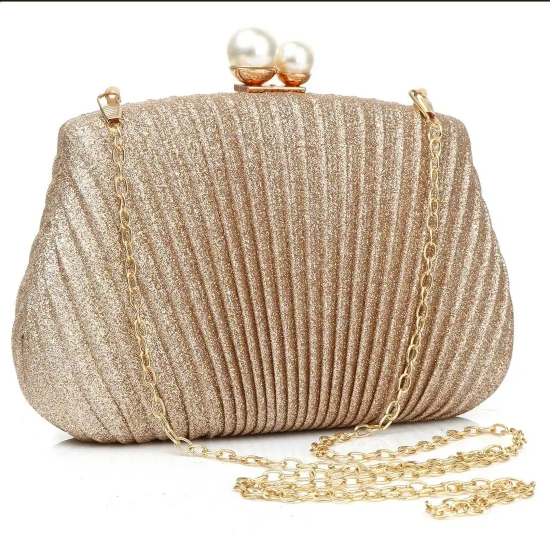 Luxe Gold Shell Glitter Evening  Clutch with Chain