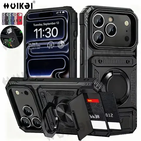 Heavy Shockproof Smartphone Case with Magnetic 360° Rotatable Kickstand, 2-Card Quick Access Wallet, Hard PC Shell, Drop-Buffer TPU, Antislip Grip, Car-Mount Ready for iPhone 17 Pro Max,16,15 Pro Max,14 - Mobile Phone Accessories Casing