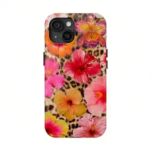 For IPhone13-Glossy.Hibiscus Flower Cheetah Print Phone Case, Full Color Durable Phone Case For Men & Women,  Case Protection Leopard Print Glamour