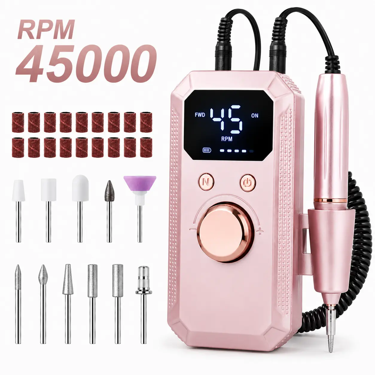 45000RPM Professional Nail Drill Machine, Portable Electric Nail File for Acrylic Gel Nails, Rechargeable Nail Drill Kit with 11 Drill Bits & 20 Sanding Bands, Low Noise Manicure Tool for Home Salon