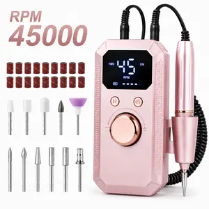 45000RPM Professional Nail Drill Machine, Portable Electric Nail File for Acrylic Gel Nails, Rechargeable Nail Drill Kit with 11 Drill Bits & 20 Sanding Bands, Low Noise Manicure Tool for Home Salon