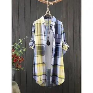 Women’s New Plaid Print Long-Sleeve Shirt, Casual Korean-Style Button-Front Blouse, Mid-Length, for Spring and Autumn