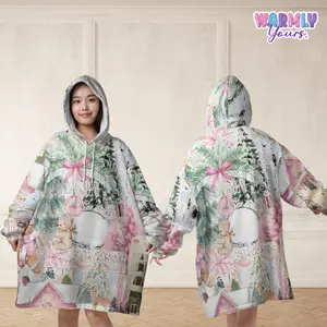 Pink Frost Cottage Christmas – Pastel Holiday Oversized Sherpa Wearable Hoodie Blankets for Women, Men, Teens & Kids | Cozy wrap fluffy Loungewear, Plus size sleepwear blanket, Aesthetic Christmas Gift, Soft Cottagecore, sweatshirt, sweater, Birthday gift