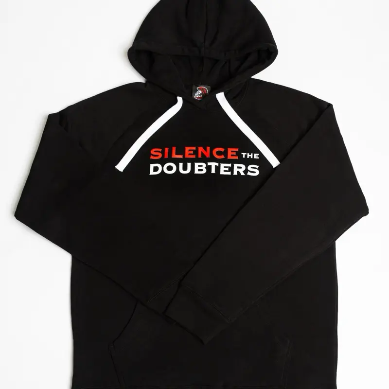 Silence the Doubters Black Athletic Hoodie with Bold Red and White Logo for Comfort and Style