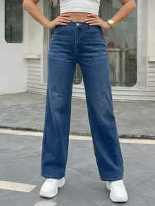 Women's Elastic Denim Jeans, Loose Wide Leg Pants, Casual Straight Fit, Comfortable Stretch Fabric, All Season Wear, Fashionable Long Pants