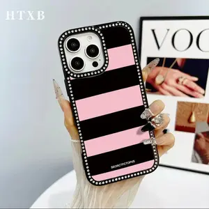 HTXB Pink And Black Striped Letters Pattern Double-Sided Diamond Transparent Mobile Phone Case Thin Light TPE Material For iPhone 17 Pro Air 16 15 14 13 12 11 Pro Max Plus Air 16e Christmas Valentine's Day Gifts