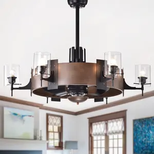 Warehouse of Tiffany  35 in. Lodgin Faux Wood 6-Light Lighted Ceiling Fan Fandelier with Glass Pillar Lamps