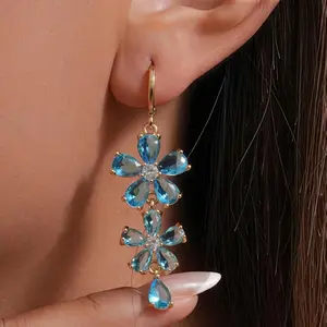 18K Gold Plated Sea Blue Gemstone Flower Dangle Earrings for Women Hypoallergenic Cubic Zirconia Chandelier Drop Earrings Elegant Statement Jewelry Gifts