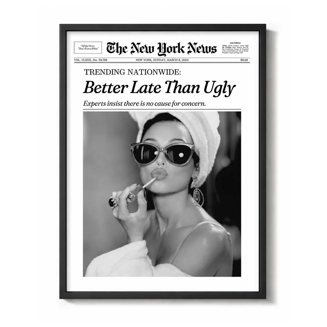 Audrey Hepburn “Better Late Than Ugly” Bathroom Art Print | Black frame with canvas print, vintage-chic wall decor, perfect for bathrooms, bedrooms, apartments, and women's dorm rooms. Set of 1