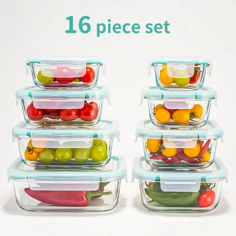 16pcs Airtight Glass Food Storage Containers, Lunch Box, Microwave & Oven Safe - Ideal for Salads, Fruits, Vegetables and Sandwiches. Lunch Box | Airtight Storage | Durable Glass Food Storage Containers (8 Lids + 8 Containers)