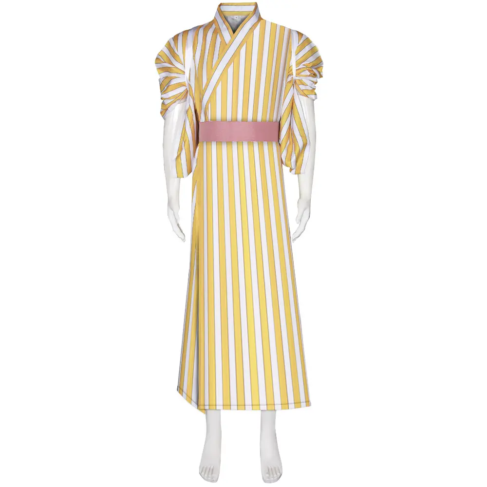 Sanji Wano Yellow Striped Kimono Cosplay Costume Set with Pink Belt Strap for Comic Con