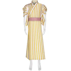 Sanji Wano Yellow Striped Kimono Cosplay Costume Set with Pink Belt Strap for Comic Con