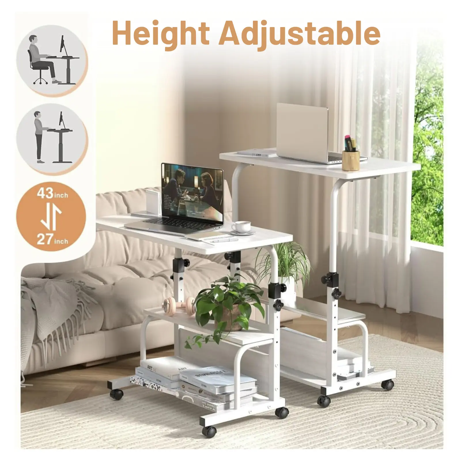 SENROB 32-Inch Durable Mobile Standing Computer Desk - Height-Adjustable Rectangle Metal Frame, Stable Base, Easy Setup, Wheels, Storage, Compact Home Office Workstation, White (28-35.4 In)