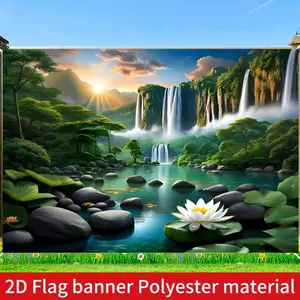 2D Flat 1PC Polyester Zen Sunrise Mountain Waterfall Backdrop Banner, Party Decorations Banners, Lotus Pond Forest Natural Landscape Photography Background, Indoor Outdoor Use, Scenic Wall Decoration, Yoga Studio Background