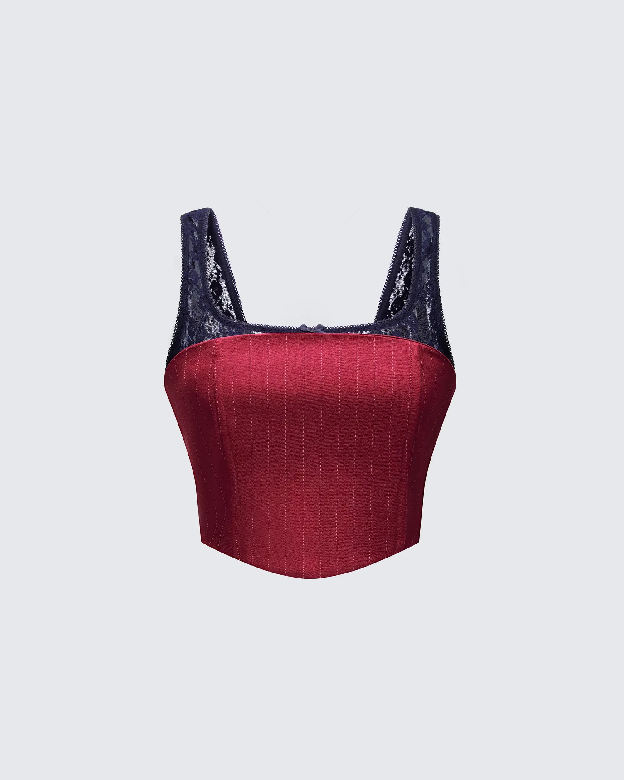 Women's Scarlette Red Pinstripe Sleeveless Strap Fitted Viscose Fabric Corset Bustier Top, Navy Lace Trim Accented, Versatile for Corporate Goth Blazer Pairing, Straps