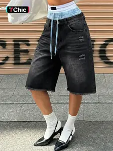 Women's High Waisted Layered Waist Denim Jorts, Black Washed Distressed Frayed-Hem Knee-Length Shorts, Trendy Baggy Loose Fit Casual Bottoms for Urban Streetwear, Coffee Runs, Beach Days & Summer Hangouts, Womenswear