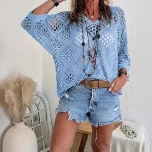 Women's Boho Pointelle Knit Sweater V Neck Hollow Out Batwing Sleeve Crochet Pullover Tops Summer Beach Cover Up