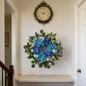 Coastal Blue Hydrangea Wreath, Vibrant Blue Flowers with and Floral Accents, All-Season Porch and Entrance Decoration