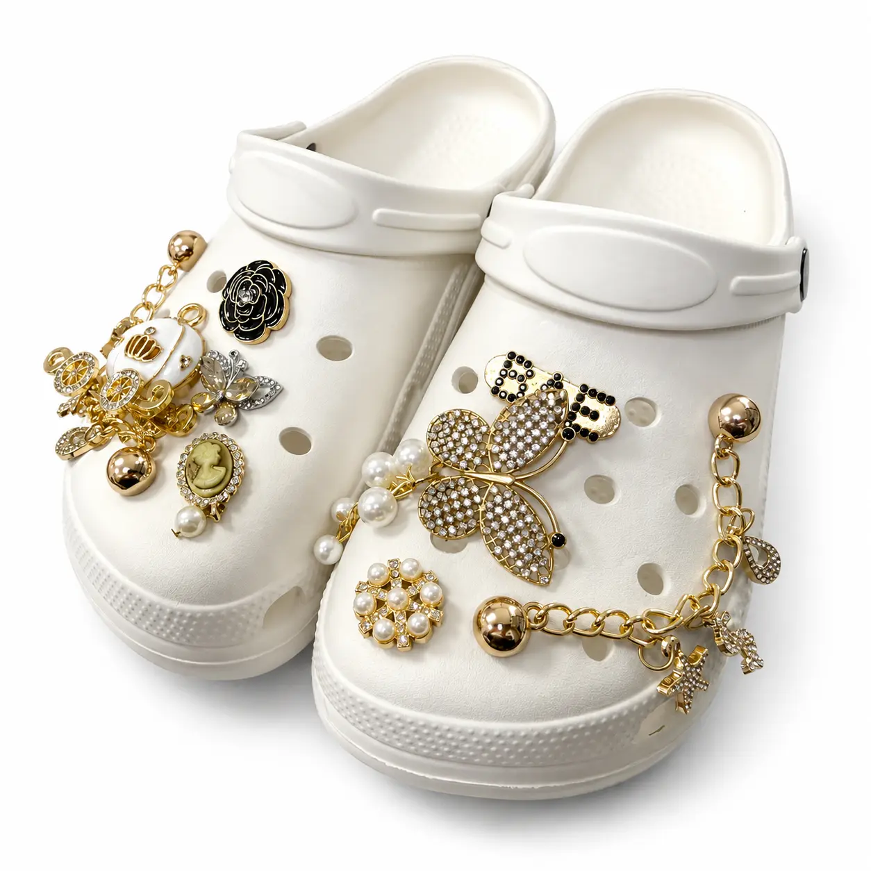 Women's White Rhinestone Charm EVA Clogs - Flat Sole, Pearl Chain, Butterfly Decor, Flower Accents, Comfortable Slip-On Garden Sandals, Party Ready Footwear for Casual Chic Summer Outfits