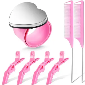 Hair Braiding Tools 7 Pieces Set Including Magnetic Pin Wristband, Stainless Steel Rat Tail Combs, and Wide Teeth Alligator Sectioning Hair Clips (Pink)
