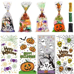 Halloween Cellophane Bags,200PCS Clear Candy Cookie Treat Bags with 400 Piece Twist Ties for Halloween Party Favor Supplies