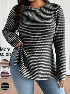 [Plus Size] 1 Piece Women's Striped Long Sleeve Knitting Top, Y2K Soft Girl Aesthetic, Breathable Open-Knit Fabric & Relaxed Fit, Curved Hem Design, For Fashion-Loving Women, Perfect for Daily Wear, Casual Hangouts & TikTok Cozy Outfits, Knitwear