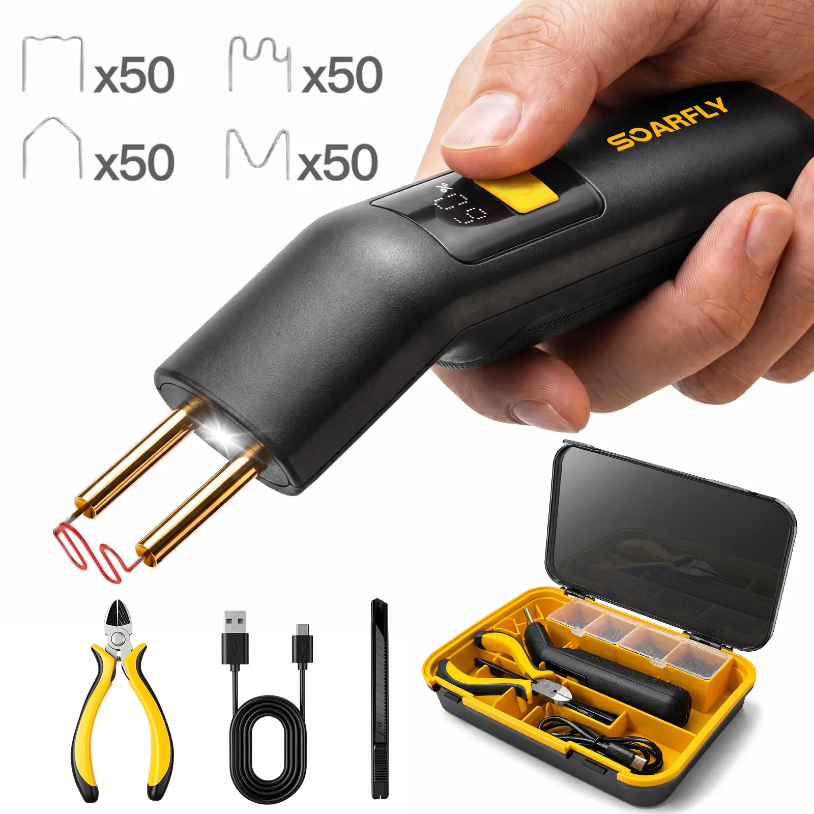 SOARFLY F4 Cordless Plastic Welder Kit, Ergonomic Portable Plastic Welding Kit with 200 Staplers, Front Light, Hot Stapler Kit, Plastic Welder Gun Kit, Storage Toolbox for Bumper Repairs, DIY Projects
