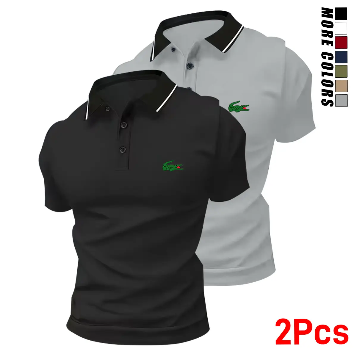Men’s stylish polo shirt set featuring a small green crocodile print (2 pieces). Fashionable business-casual polo shirts with turn-down collars—comfortable, breathable short sleeves for summer; ideal as a gift.