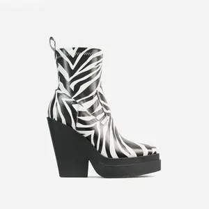 Square Toe Zebra Print Ankle Sock Boots