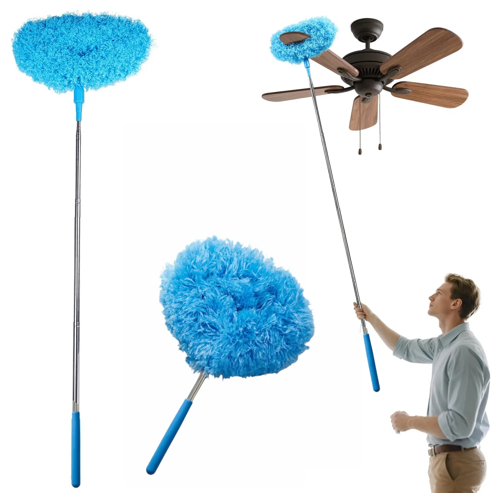 Ceiling Fan Cleaner Duster Reusable Microfiber Removable Extendable Duster with  Telescoping Pole for Cleaning Walls Furniture Door Window Top (Blue)