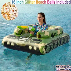 60-Inch XL Inflatable Pool Float, Ride-On Tugboat Raft with Built-in Sprayer, Heavy Duty PVC Floating Lounger, Includes 16-Inch Beach Ball, Splash Water System, Adult Swim Party Oasis, Durable Blow-Up Float for Lake Beach, Puncture-Resistant Mat