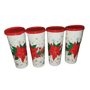 Set 4 Poinsetta 16 oz Tumblers - Cups Drinkware