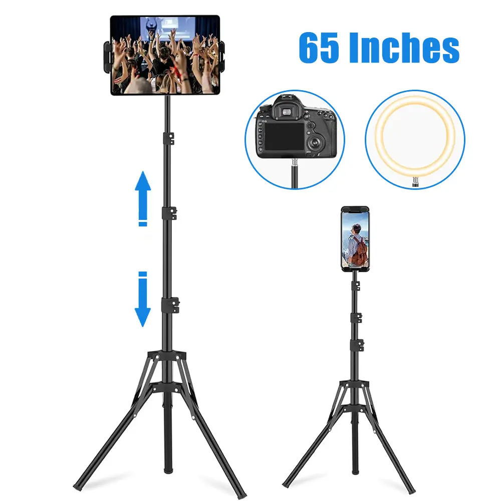 65" Tall Tablet Floor Tripod Stand, Tablet Holder Mount with Adjustable Height,Tripod Stand for iPad iPhone Tablet,with Height Adjustable,for Video Recording/Selfies/Live Stream/Vlogging/Watching/Cooking 4.7-11" Tablet and Cellphone