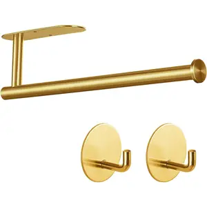 Paper Towel Holder with 2 Hooks-Under Cabinet Paper Towel Holder for Kitchen, Self-Adhesive or Screws, Space Saving Wall Mounted Kitchen Roll Holder, Bathroom, Stainless Steel Brushed