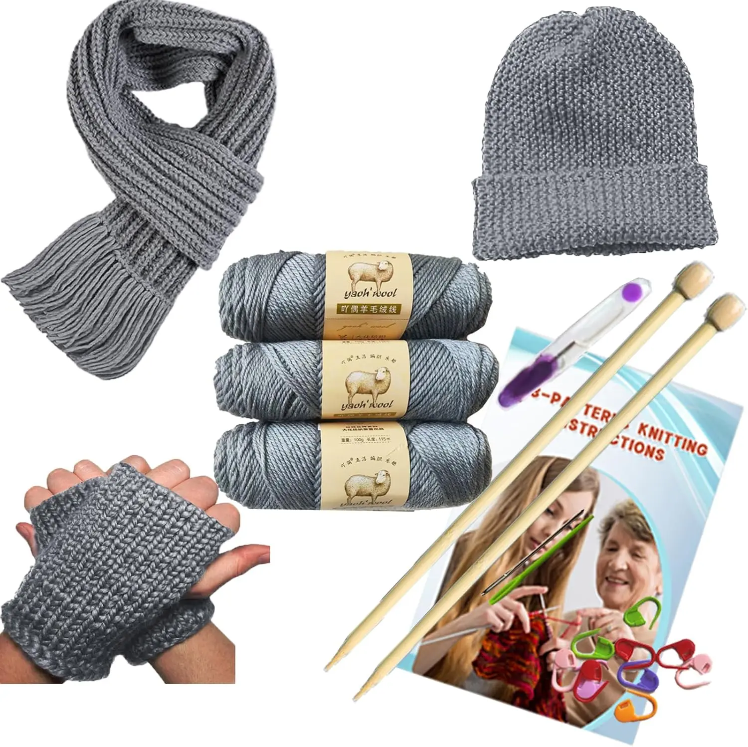 Knitting Kit for Beginners Adults, Crochet Kit for Beginners  Learn to Knit Complete Knit Kit with Instruction Booklet,  Yarn, Knitting , Yarn  & Stitch Markers Christmas (Gray)