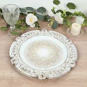 6-Pack Acrylic Charger Plates 13" Round Antique White Floral Embossed with Scalloped Rim - Plastic Decorative Charger Tableware