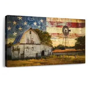 1pc Rustic Farmhouse Canvas Wall Art Vintage Old Barn American Flag Painting Grey Horizontal Panoramic Windmill Landscape Prints for Home Decor Ready to Hang