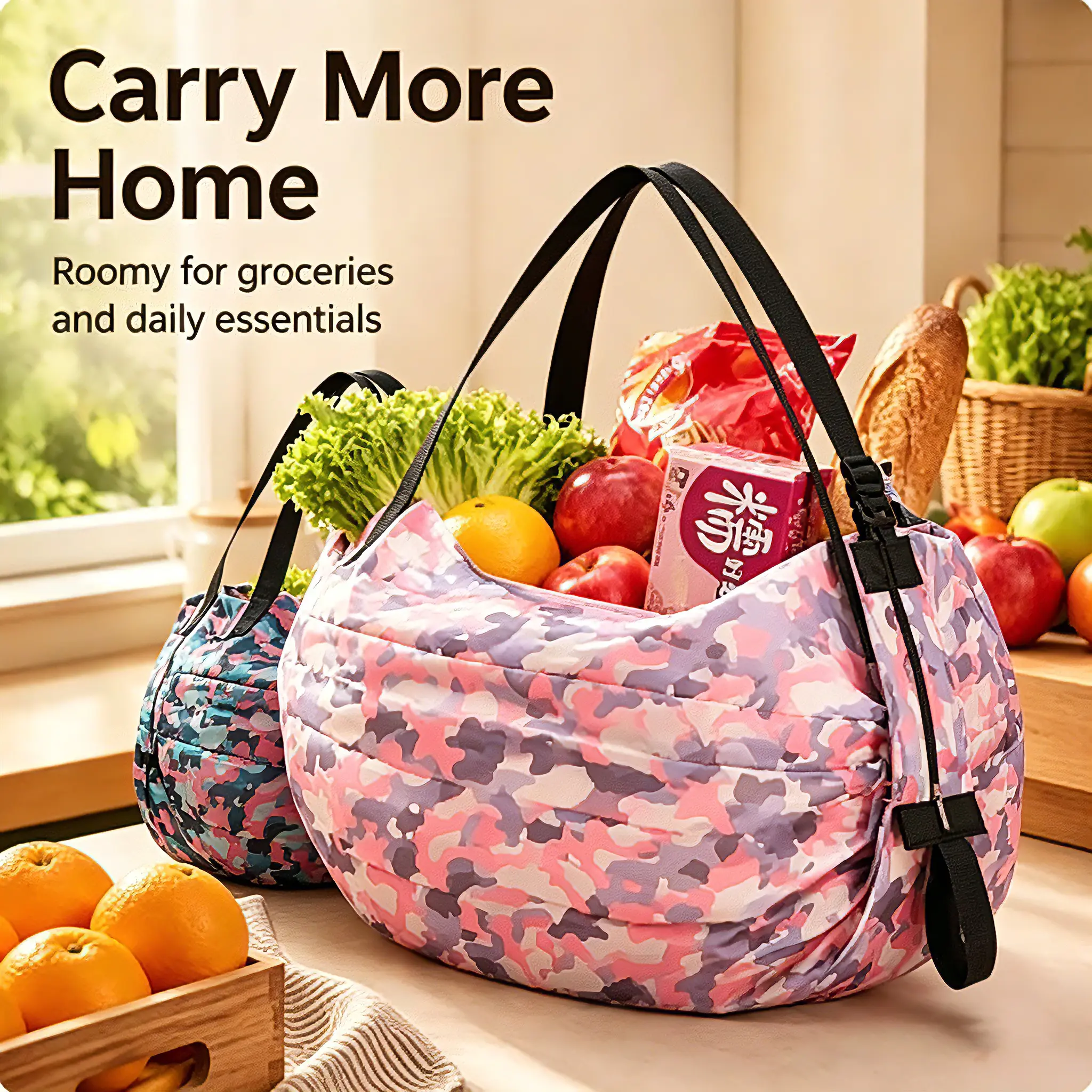 【DealsForYouDays】1 Pack-3 Pcs Fabric Camouflage Reusable Foldable Shoulder Bag - High-Capacity Odor-Free Eco-Friendly Grocery Tote, Portable Lightweight with Elastic Band Roll-Up for Grocery Shopping, Travel