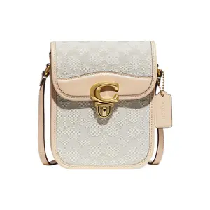 COACH Studio 14 Metal Logo Lock Jacquard Fabric And Leather Crossbody Phone Bag For Women In Beige And Signature Print