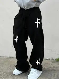 Men's Casual Sport Pants, Star Pattern Print, Drawstring Wide Leg, Fitted Long Pants, Spring & Fall Fashion, All-Season Wear