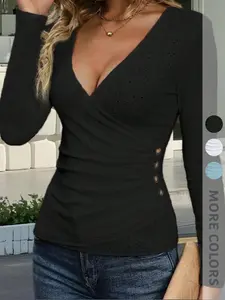 New Spring Summer Women's Solid V Neck Long Sleeve Button Blouse Top, Chic Fitted Style for Office and Everyday Wear