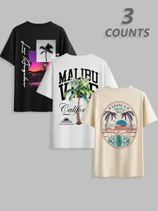 Men's Letter Tropical Coconut Tree Print Round Neck Short Sleeve T-Shirt 3 Pack, Casual Comfortable Top for Summer Outdoor Wear