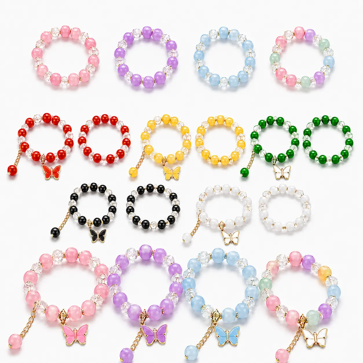 Women's 18-Piece Multicolor Butterfly Glass Bead Stretch Bracelet Set - Crystal-Style, Flower & Charm Accents, Beading DIY Supplies for Adults, Lightweight Fashion Jewelry