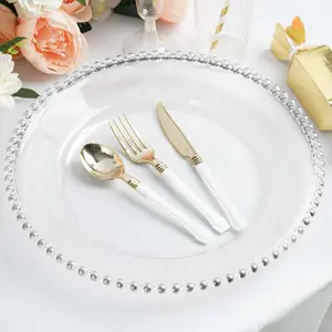 6-Pack Acrylic Round Charger Plates 13" in Clear with Silver Beaded Rim, Decorative Dinner Party Serving Plates
